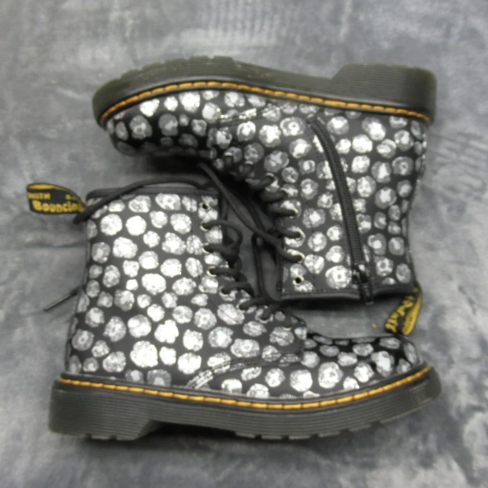 Dr. Martens Boots Youth 2 Silver Metallic Leopard Print Leather Side Zip Lace-Up